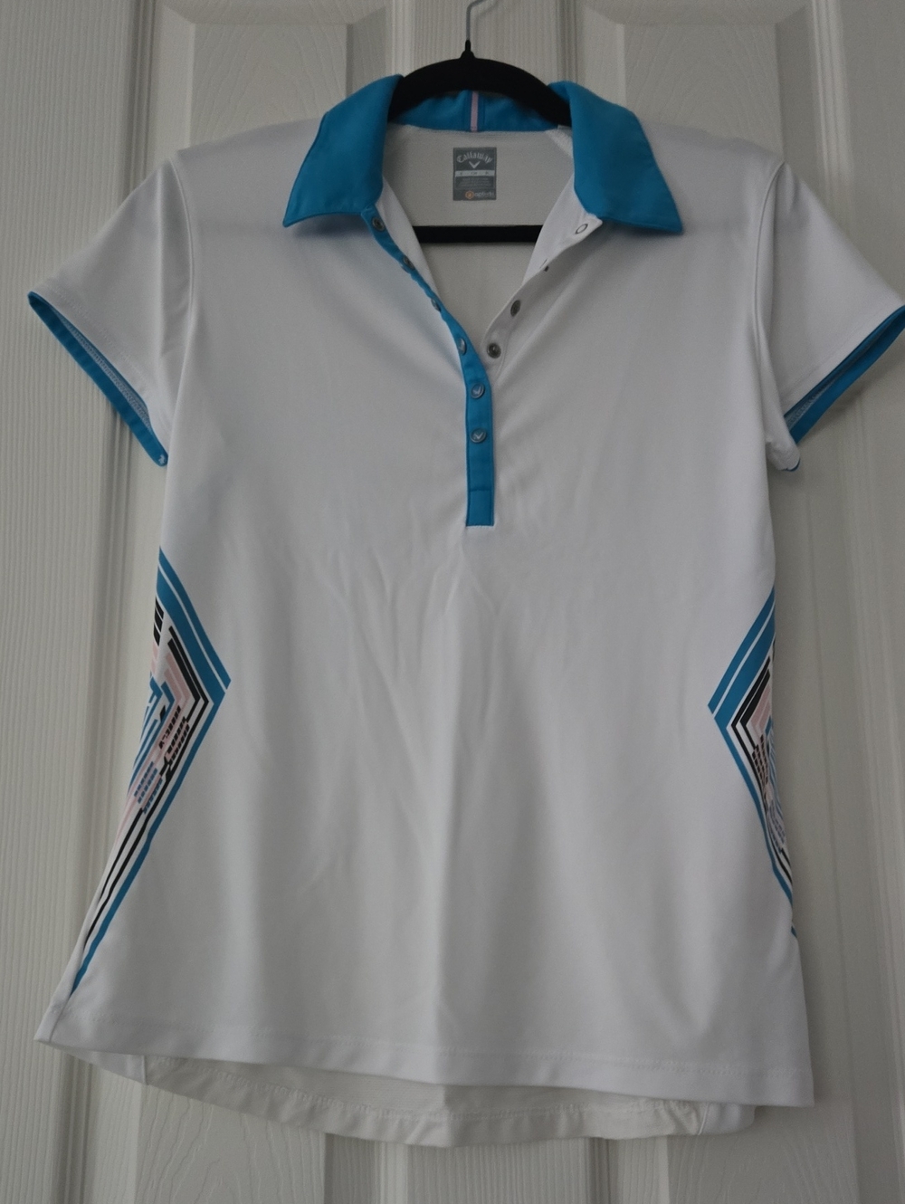 Callaway White Polo with Turquoise Trim and Geometric Side Panels